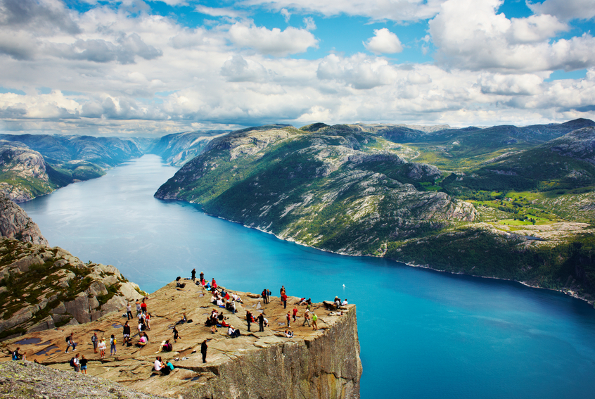 Pulpit Rock at Lysefjorden in Norway. A well known tourist attraction towering 600 meters over sea level.