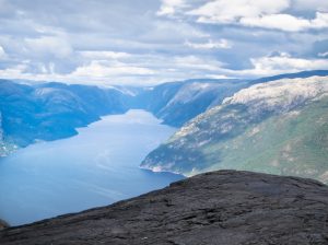 The view from Preikestolen, aka Pulpit Rock, in Norway.
